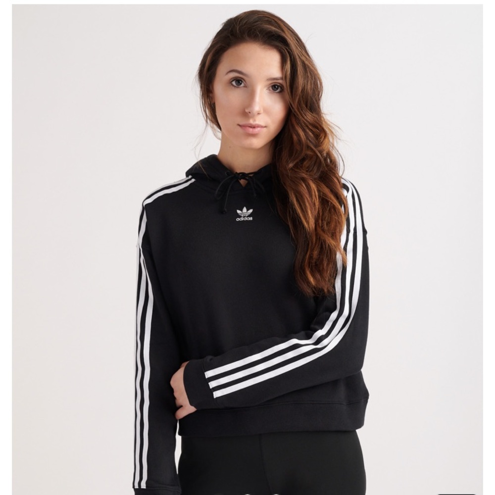 Adidas black cropped hoodie with striped sleeves